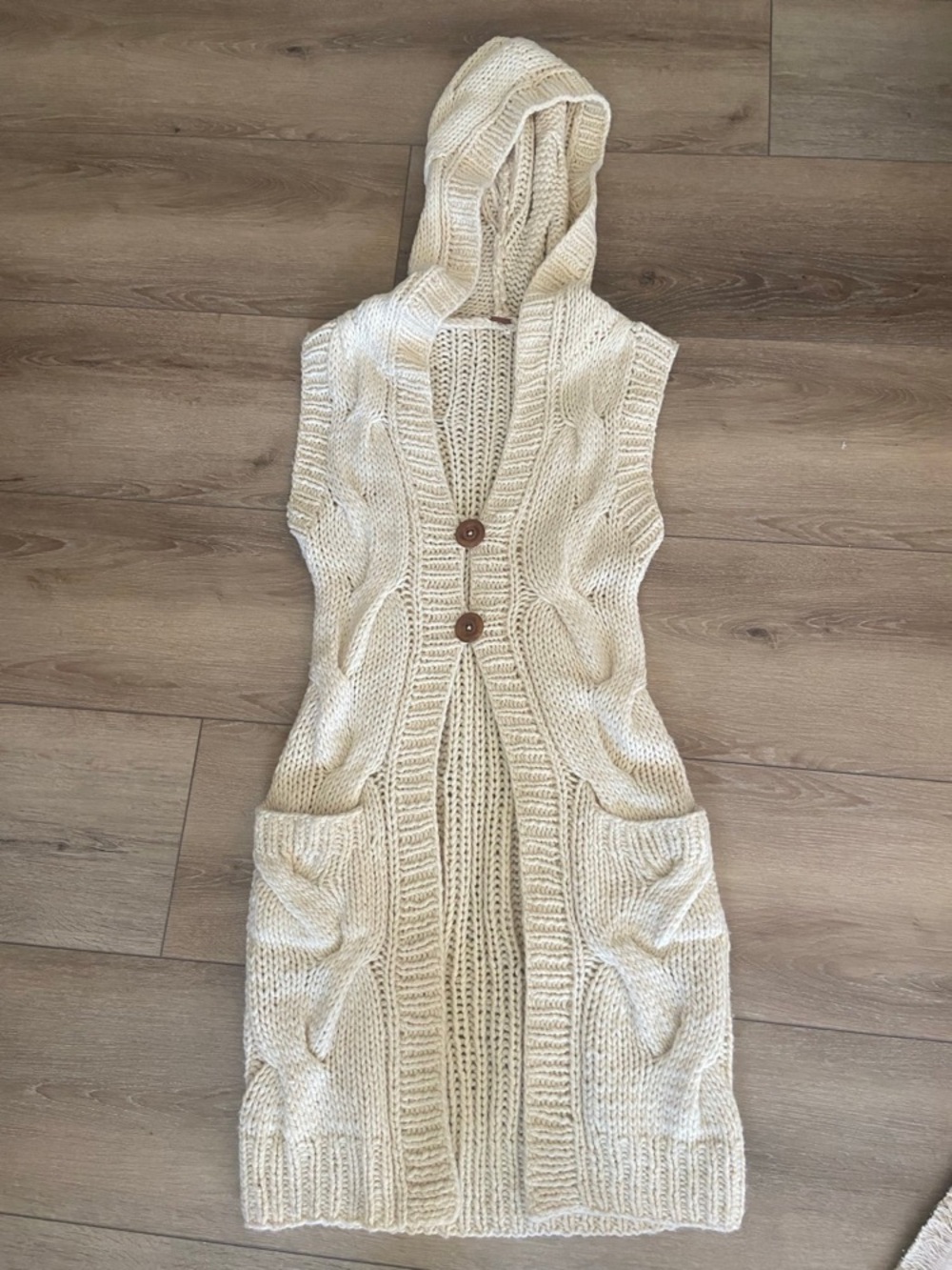 Free People Cream Hooded Cable Knit Sleeveless Cardigan